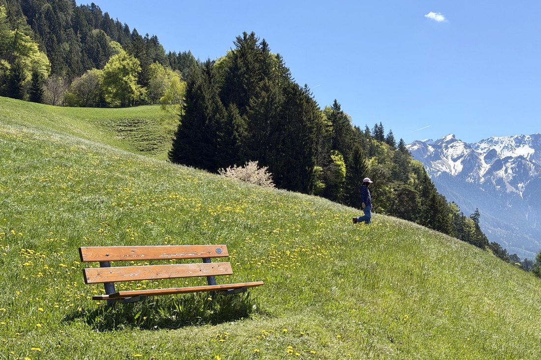 Eine einzelne Person auf einer Bergwiese mit Bank und weitem Blick
